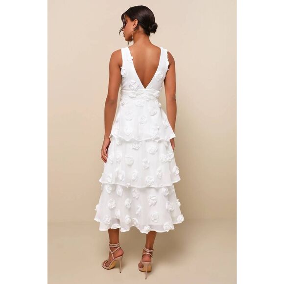 NWT Lulus Exceptional Entrance White Sleeveless Tiered Rosette Midi Dress Small - Picture 3 of 6